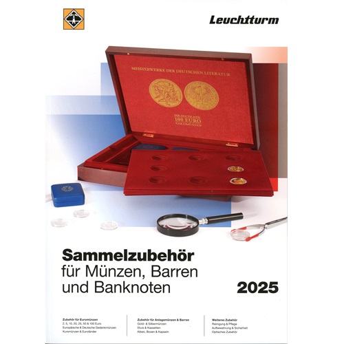 Produktový katalóg LEUCHTTURM, príslušenstvo pre numizmatiku 2025, nemecký