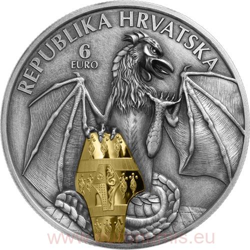 6 euro 2024 Chorvátsko BU Gilded Antique 2 Oz Ag, Trsat Dragon