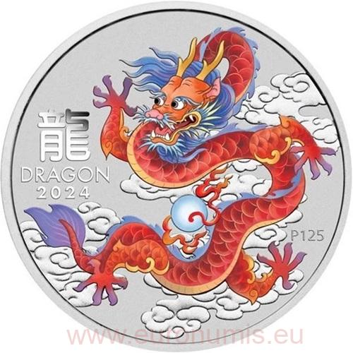 Dollar 2024 Austrália BU farbená 1 Oz Ag, Lunar III. - Red Dragon