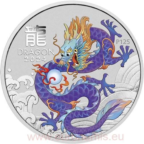 Dollar 2024 Austrália BU farbená 1 Oz Ag, Lunar III. - Purple Dragon