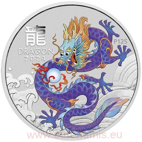 50 Cents 2024 Austrália BU farbená 1/2 Oz Ag, Lunar III. - Purple Dragon