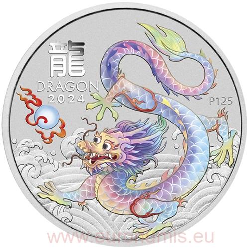 50 Cents 2024 Austrália BU farbená 1/2 Oz Ag, Lunar III. - White Dragon