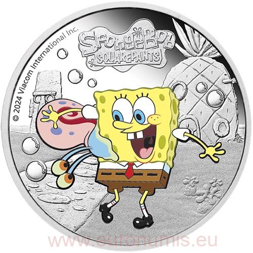 Dollar 2024 Tuvalu PROOF farbená 1 Oz Ag, Spongebob & Gary