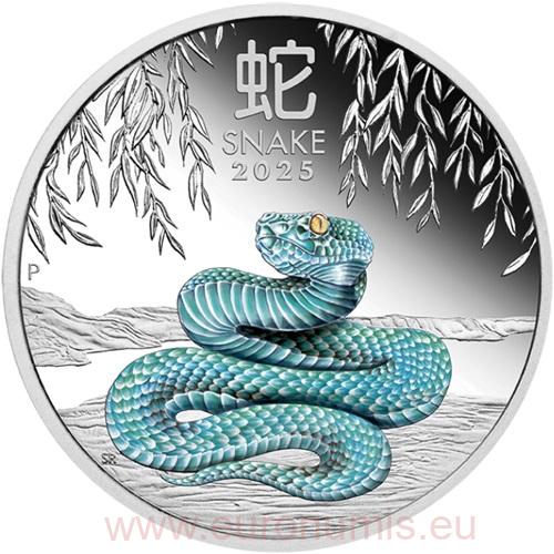 Dollar 2025 Austrália PROOF farbená 1 Oz Ag Lunar III. - Year of the Snake