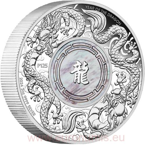 2 Dollars 2024 Austrália PROOF 2 Oz Ag Double Dragon with Mother of Pearl