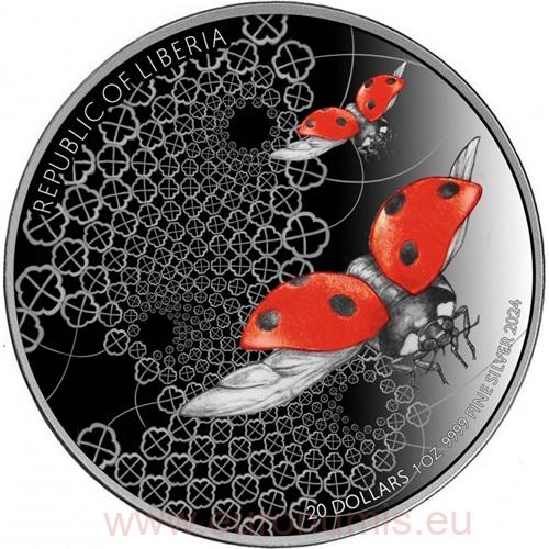 20 Dollars 2024 Libéria PROOF Ultra High Relief Ruthenium Red 1 Oz Ag, Entoma Ladybird