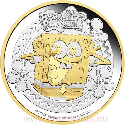 2 Dollars 2024 Tuvalu PROOF pozlátená 2 Oz Ag, Spongebob Squarepants