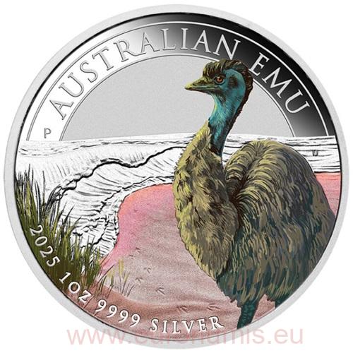 Dollar 2025 Austrália BU farbená 1 Oz Ag, Australian Emu 