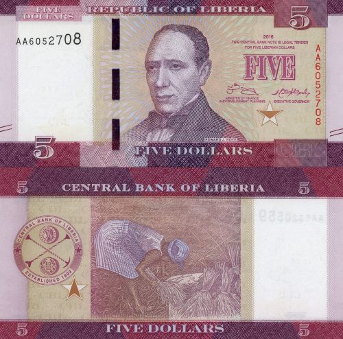 5 Dollars 2016 Libéria UNC séria AA