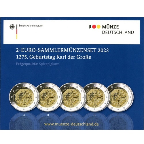 5 x 2 euro 2023 ADFGJ Nemecko cc.PROOF blister narodenia Karola Veľkého