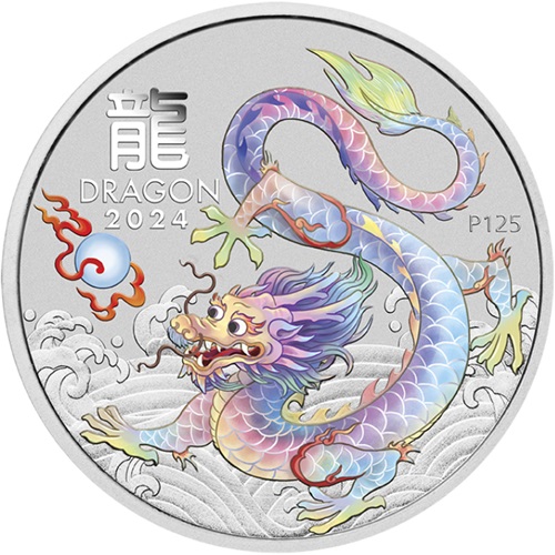 Dollar 2024 Austrália BU farbená 1 Oz Ag, Lunar III. - White Dragon