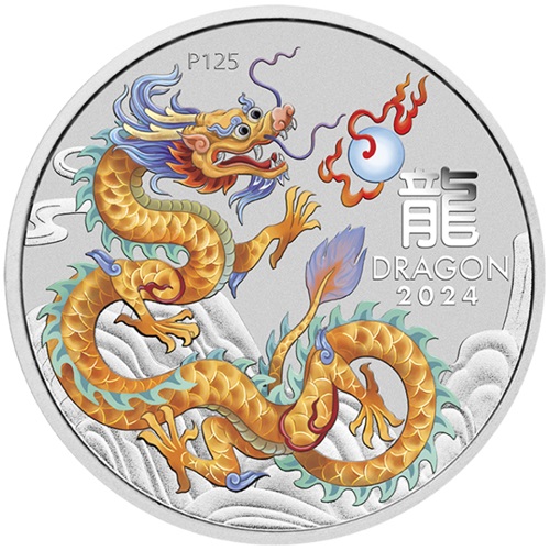 50 Cents 2024 Austrália BU farbená 1/2 Oz Ag, Lunar III. - Golden Dragon