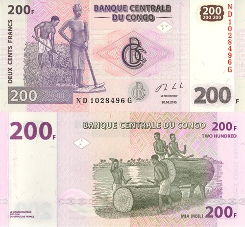 200 Francs 2013 Kongo dem. rep. UNC séria ND*G