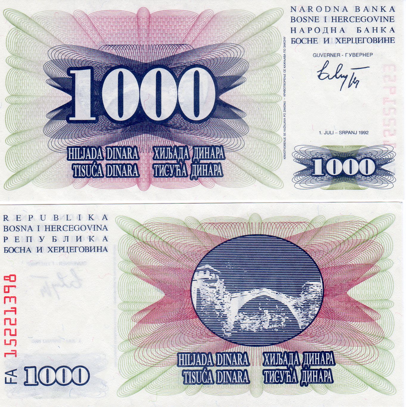 BANKOVKY 1000 Dinar 1992 Bosna a Hercegovina UNC EURONUMIS