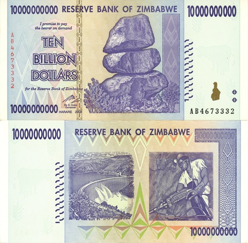 10 000 000 000 Dollar 2008 Zimbabwe UNC séria AB