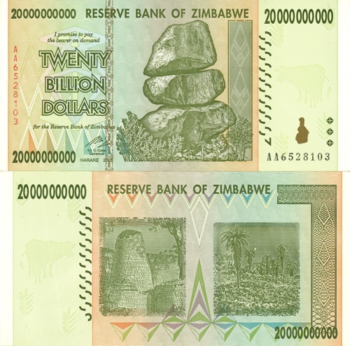 20 000 000 000 Dollar 2008 Zimbabwe AU séria AA