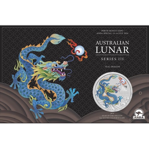 Dollar 2024 Austrália BU karta farbená 1 Oz Ag Lunar III.- Teal Dragon