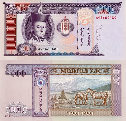 100 Tugrik 2014 Mongolsko UNC séria AQ