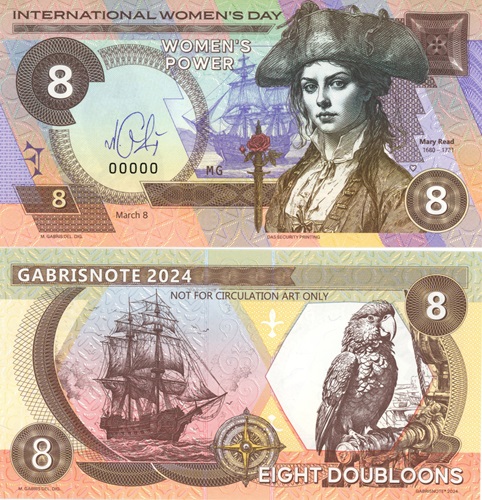 8 Doubloons 2024 UNC pirátka Mary Read séria MG anulát s podpisom autora