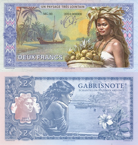 2 Francs 2024 Tahiti UNC séria MG anulát s podpisom autora (verzia A)