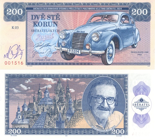 200 Korún 2024 UNC Zapadlík, Škoda Rapid 1500 séria K03 s podpisom autora