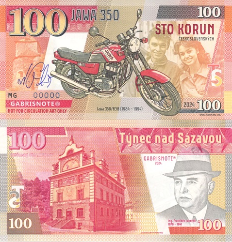 100 Korún 2024 UNC Jawa 350 séria MG anulát s podpisom autora