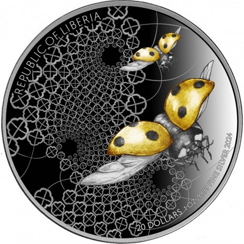 20 Dollars 2024 Libéria PROOF Ultra High Relief Ruthenium Dark Gilded 1 Oz Ag, Entoma Ladybird