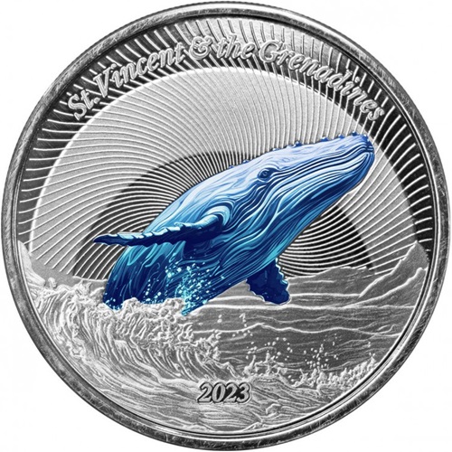 2 Dollars 2023 Svätý Vincent a Grenadíny PROOF farbená 1 Oz Ag Humpback Whale