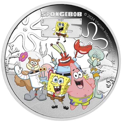 Dollar 2024 Tuvalu PROOF farbená 1 Oz Ag, SpongeBob & Friends