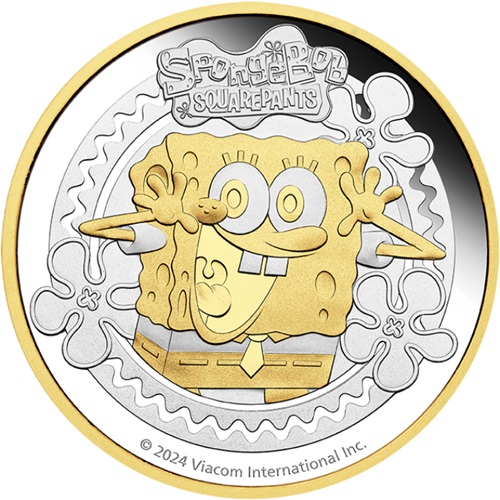 2 Dollars 2024 Tuvalu PROOF pozlátená 2 Oz Ag, Spongebob Squarepants