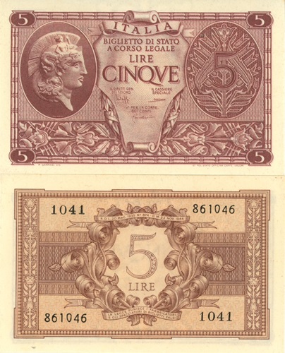 5 Lire 1944 Taliansko UNC séria 1041