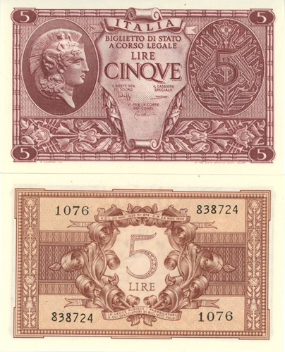 5 Lire 1944 Taliansko UNC séria 1076