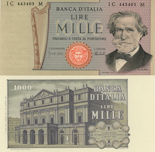 1000 Lire 1975 Taliansko UNC, Giuseppe Verdi, séria IC*M