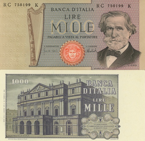 1000 Lire 1975 Taliansko UNC, Giuseppe Verdi, séria RC*K