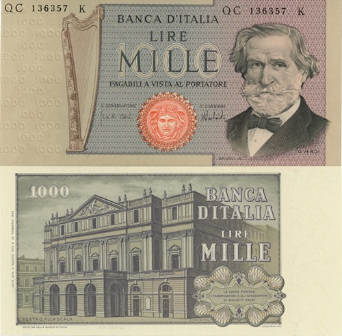 1000 Lire 1975 Taliansko UNC, Giuseppe Verdi, séria QC*K