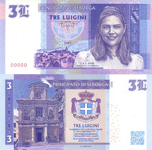 3 Luiginy 2023 Seborga UNC S.A.S. NINA Principessa di Seborga anulát 