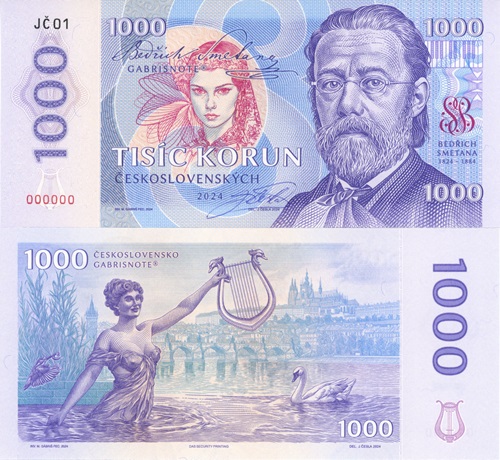 1000 Korún 2024 UNC, Bedřich Smetana séria JČ01 anulát s podpisom Jozefa Česlu