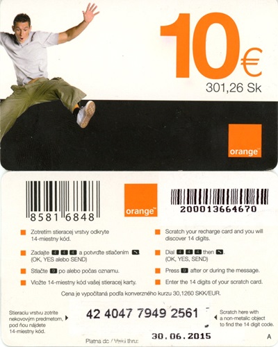 Tel.Karta, Slovensko, Orange, 10 € (301,26 Sk)